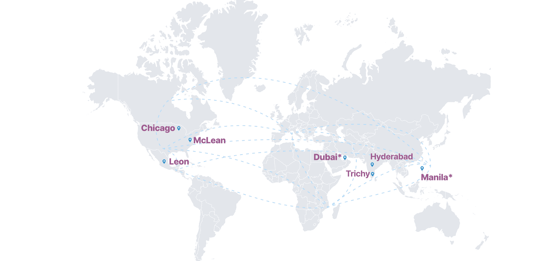 Trutek delivery map showing Chicago, McLean, Leon, Dubai, Hyderabad, Trichy and Manila